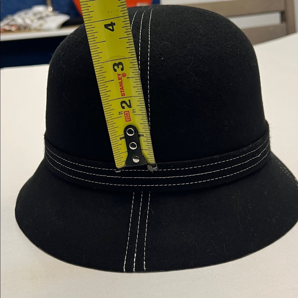 NORDSTROM BLACK WOOL WHITE STITCHING BOW FRONT CLOCHE WOMENS HAT - Picture 11 of 12